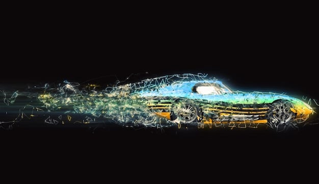 A digitally rendered lowrider design showcasing advanced lighting effects, augmented reality overlays, and intricate custom paint schemes. The design is futuristic and innovative.