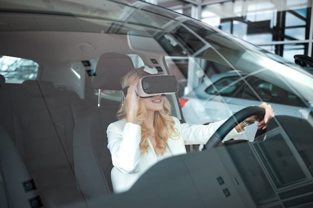 A person wearing a VR headset inside an automotive museum, surrounded by classic cars. The headset displays a vintage race, and the person is gesturing as if they are driving. Other museum visitors are observing with curiosity and interest.