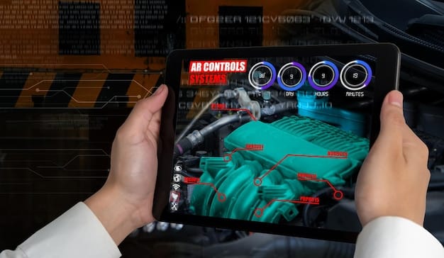 Close-up shot of a person using an augmented reality app on a tablet to view the internal components of a classic car engine in an automotive museum.
