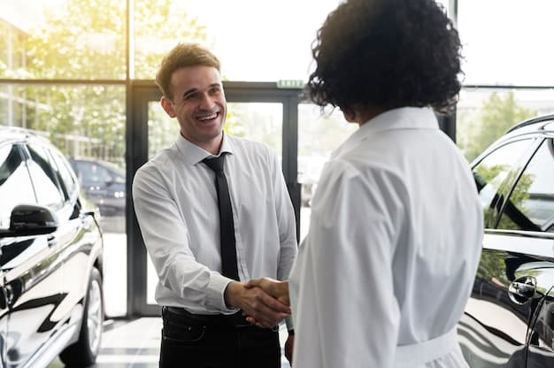 A wide shot capturing an automotive influencer standing in front of a luxury car at a dealership, shaking hands with a representative, showcasing a sponsorship agreement or partnership.