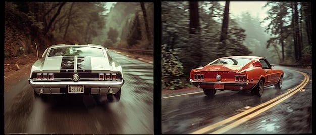 A split image showing a classic 1960s sports car on one side and a modern sports car with retro-inspired design elements on the other. The image highlights the similarities and differences between the two vehicles, showcasing the evolution of automotive design.