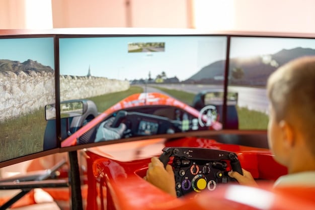 A screenshot from a modern sim racing game showing a highly detailed cockpit of a Formula 1 car, with all the gauges, buttons, and steering wheel controls accurately replicated. The image emphasizes the level of realism achieved in contemporary car simulators.