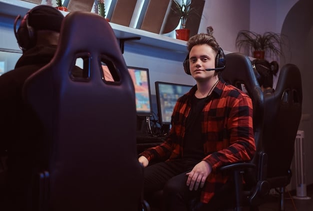 A photograph of a professional racing driver sitting in a high-end racing simulator setup, complete with multiple monitors, a force feedback steering wheel, and racing pedals. The driver is wearing a racing suit and helmet, fully immersed in the virtual driving experience.