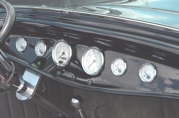 Interior of a modern car featuring retro-inspired design elements such as chrome accents, vintage-style gauges, and classic-looking upholstery. The image highlights how modern technology is seamlessly integrated with retro aesthetics.