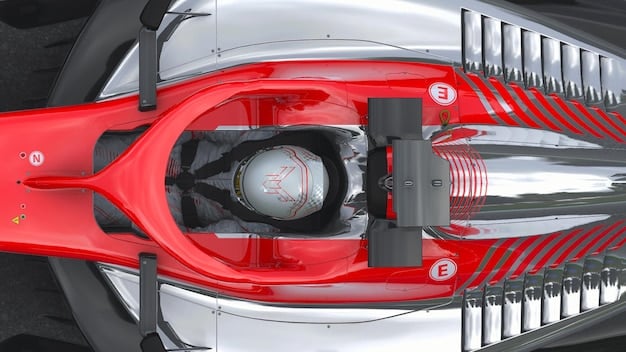 A close-up shot highlighting the advanced aerodynamics of a Formula 1 car, featuring its intricate wings, vents, and sleek bodywork. The focus is on showcasing the car's design and engineering details.