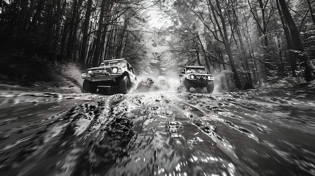 A dynamic image of a rally car drifting around a muddy corner, with the driver and co-driver focused on the road ahead. The car is splattered with mud, emphasizing the challenging and varied terrain of rally racing.