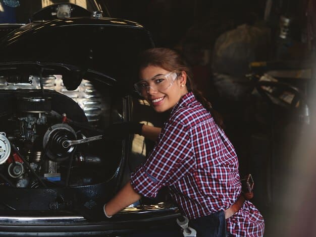 A collector meticulously examining the engine of a classic car in a well-lit garage. The scene should capture the detail-oriented nature of automotive collecting and the dedication required for restoration and maintenance.