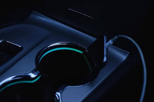 A close-up shot of the interior of a futuristic electric vehicle, highlighting the minimalist design, advanced technology, and sustainable materials used. The dashboard features a large touchscreen display and ambient lighting.