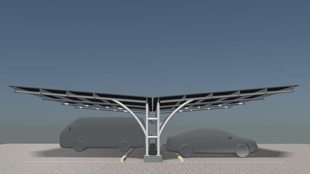 A sleek, modern electric car charging at a futuristic charging station powered by solar panels, illustrating the sustainable and technological advancements in electric vehicle infrastructure.