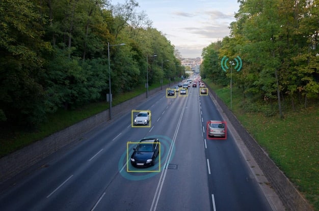 A self-driving car navigating a busy highway with advanced sensors and cameras visible.