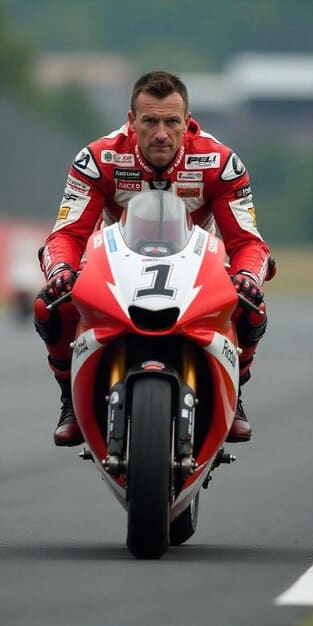 A side-by-side shot of the Ducati Panigale V4 S and the Aprilia RSV4 Factory cornering on a racetrack, showcasing their lean angles and the riders' body positioning.