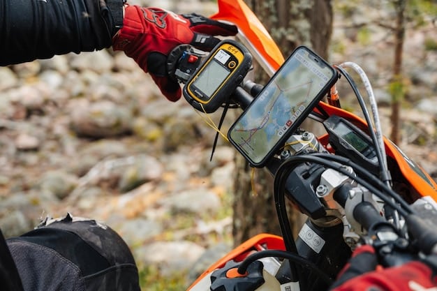 Close-up shot of the 2024 KTM 390 Adventure's LCD display, highlighting the navigation system and riding mode options. The image should also show details of the motorcycle's handlebar controls and switchgear.