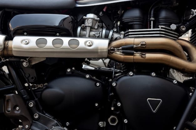A close-up of the Triumph Speed Triple 1200 RS engine, highlighting its three-cylinder architecture and emphasizing the machined details and overall build quality. Focus on components like the exhaust headers and engine casings.