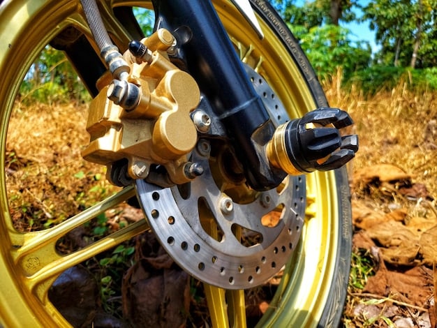 A shot of the Speed Triple 1200 RS's Öhlins suspension and Brembo brakes, highlighting the gold color of the suspension components and the red Brembo calipers. Maybe a dynamic shot showing the bike leaning into a corner.