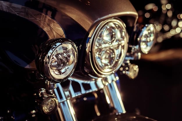 Close-up shot of the Triumph Speed Triple 1200 RS's signature LED headlights. The headlights are sharply styled and feature a distinctive light signature. The image focuses on the details of the lighting system, showcasing its modern design.