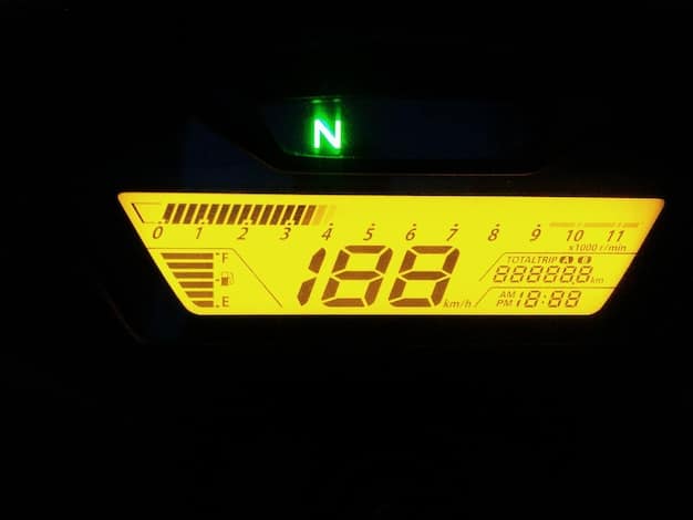 A close-up of the 2024 BMW G 310 GS's digital display, showing key information such as speed, gear position, fuel level, and trip data. The display is clear and easy to read, even in bright sunlight.